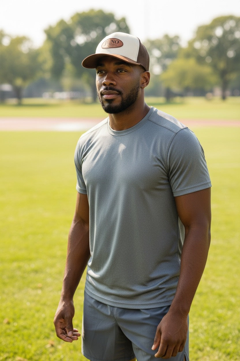 Juno Athletics Stone & Brown 7 Panel Trucker Hat (i3057)